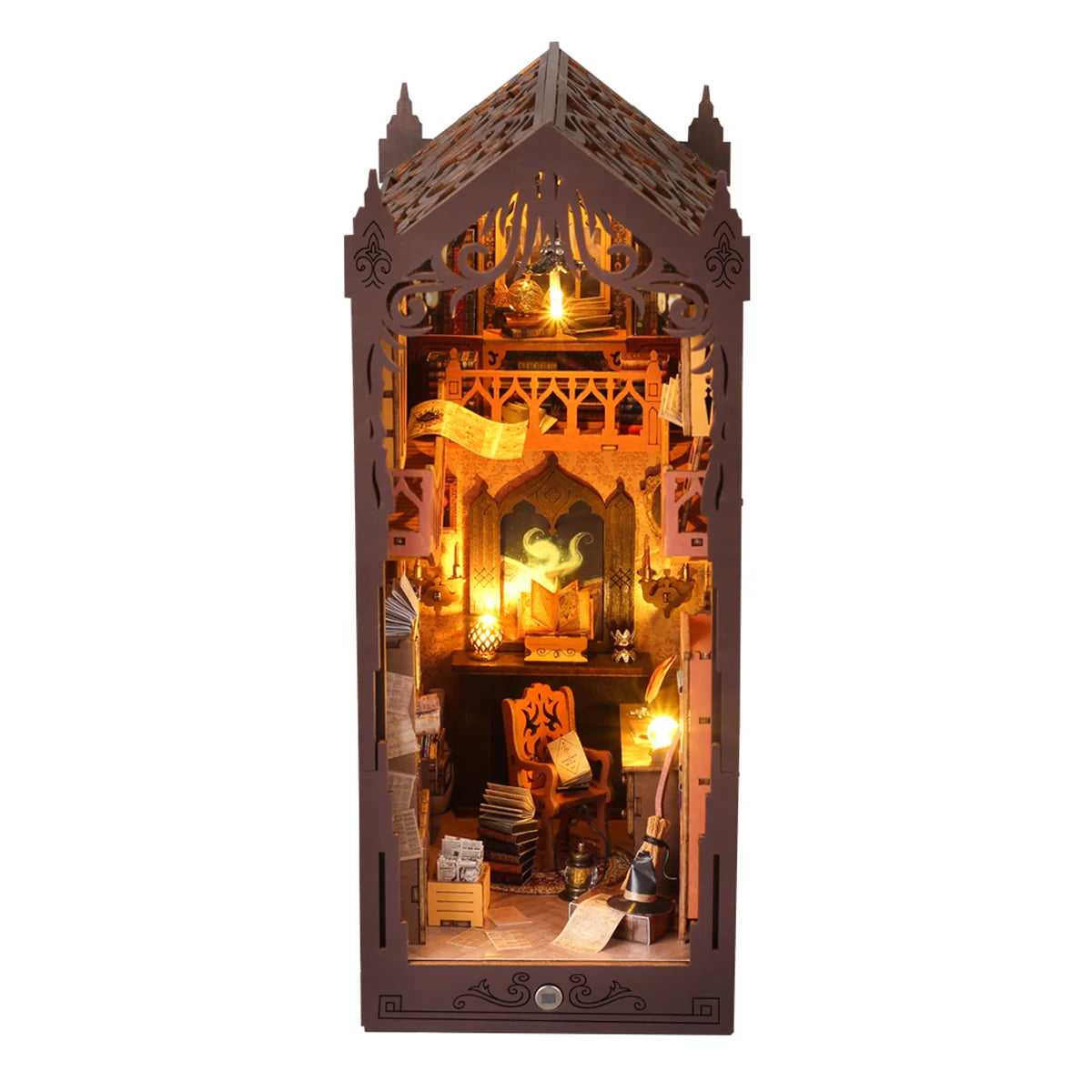 Bloco de Montar Mini Livraria de Madeira Com LED Decoração Colecionável Rico em Detalhes