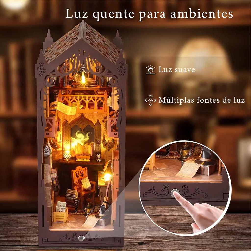 Bloco de Montar Mini Livraria de Madeira Com LED Decoração Colecionável Rico em Detalhes