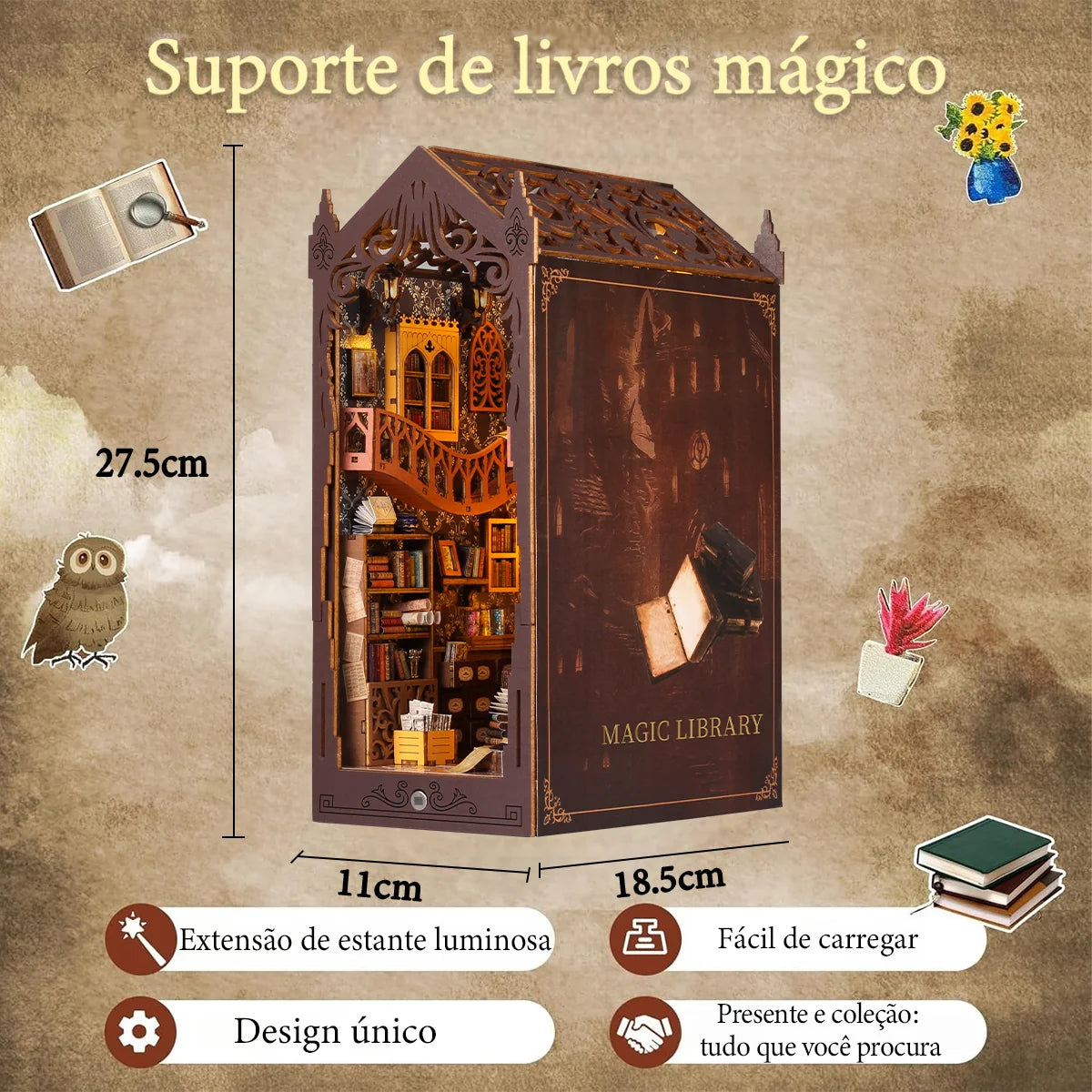 Bloco de Montar Mini Livraria de Madeira Com LED Decoração Colecionável Rico em Detalhes