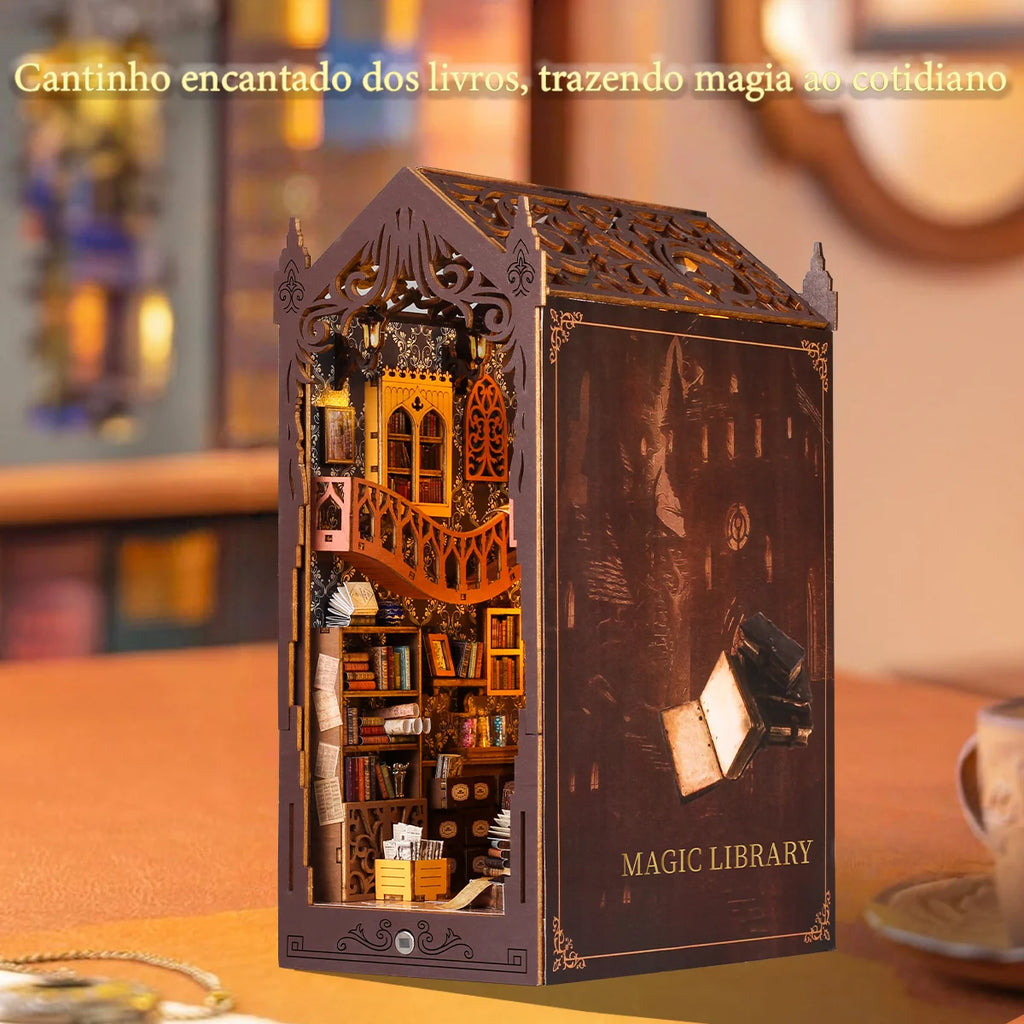Bloco de Montar Mini Livraria de Madeira Com LED Decoração Colecionável Rico em Detalhes