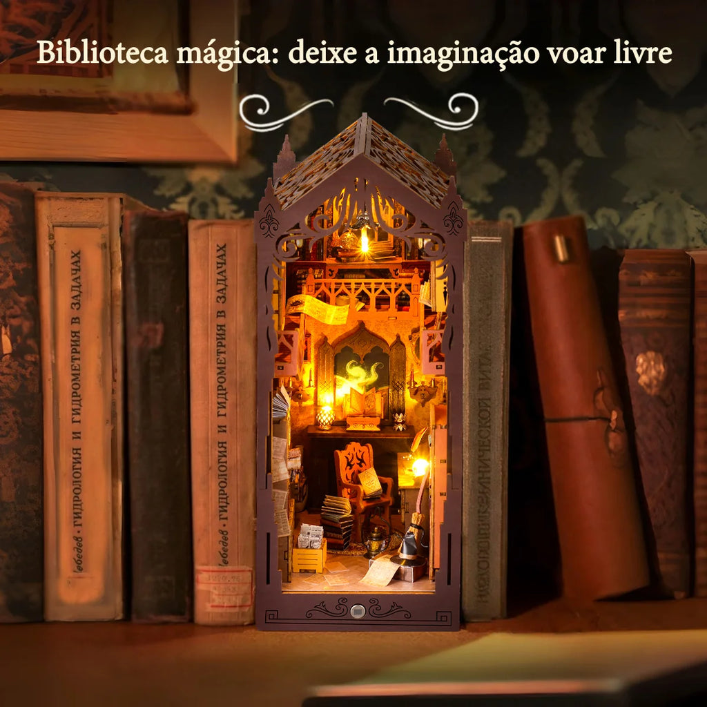 Bloco de Montar Mini Livraria de Madeira Com LED Decoração Colecionável Rico em Detalhes