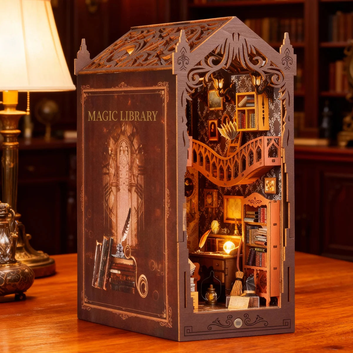 Bloco de Montar Mini Livraria de Madeira Com LED Decoração Colecionável Rico em Detalhes