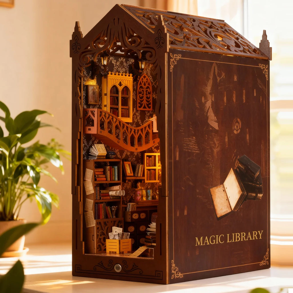 Bloco de Montar Mini Livraria de Madeira Com LED Decoração Colecionável Rico em Detalhes