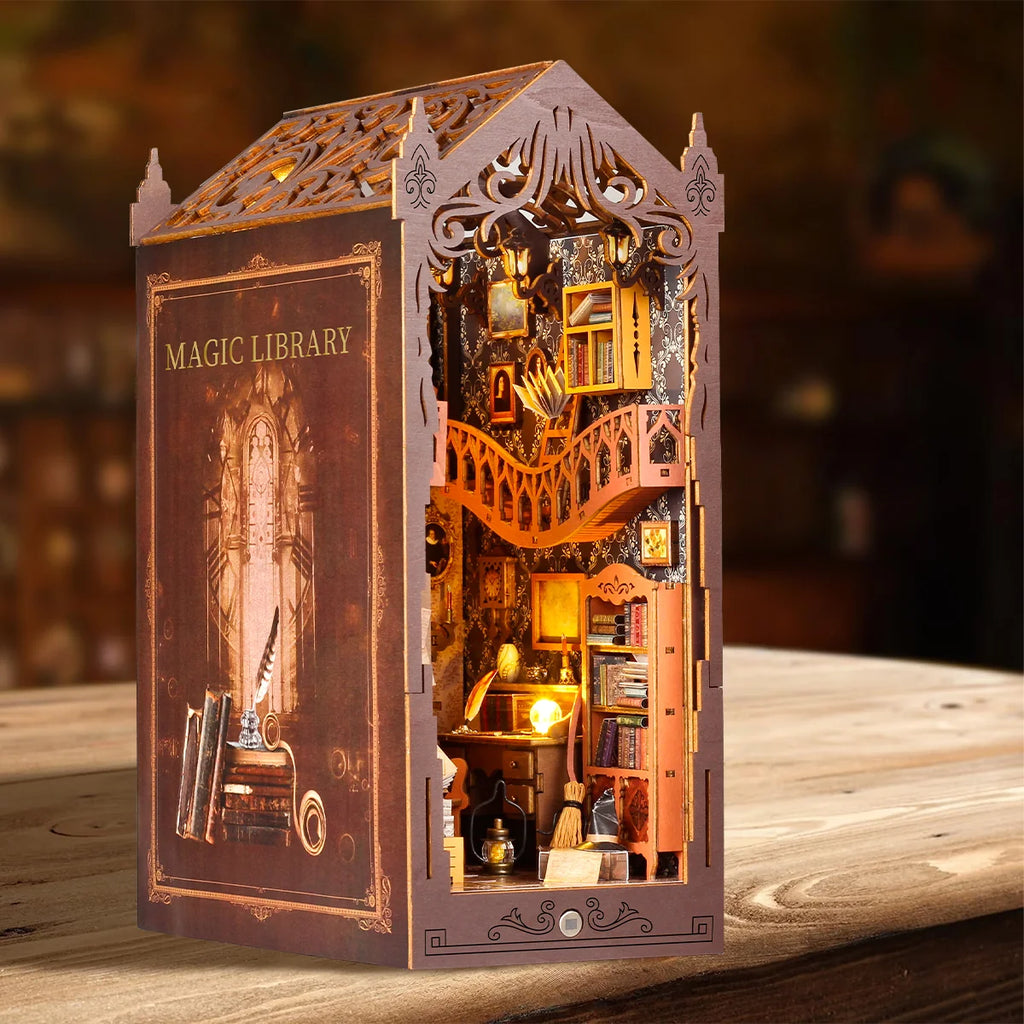 Bloco de Montar Mini Livraria de Madeira Com LED Decoração Colecionável Rico em Detalhes