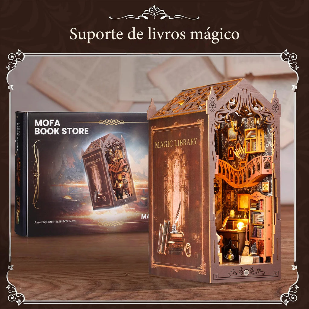 Bloco de Montar Mini Livraria de Madeira Com LED Decoração Colecionável Rico em Detalhes
