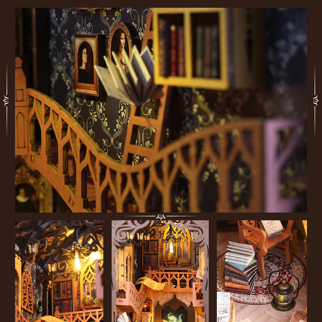 Bloco de Montar Mini Livraria de Madeira Com LED Decoração Colecionável Rico em Detalhes