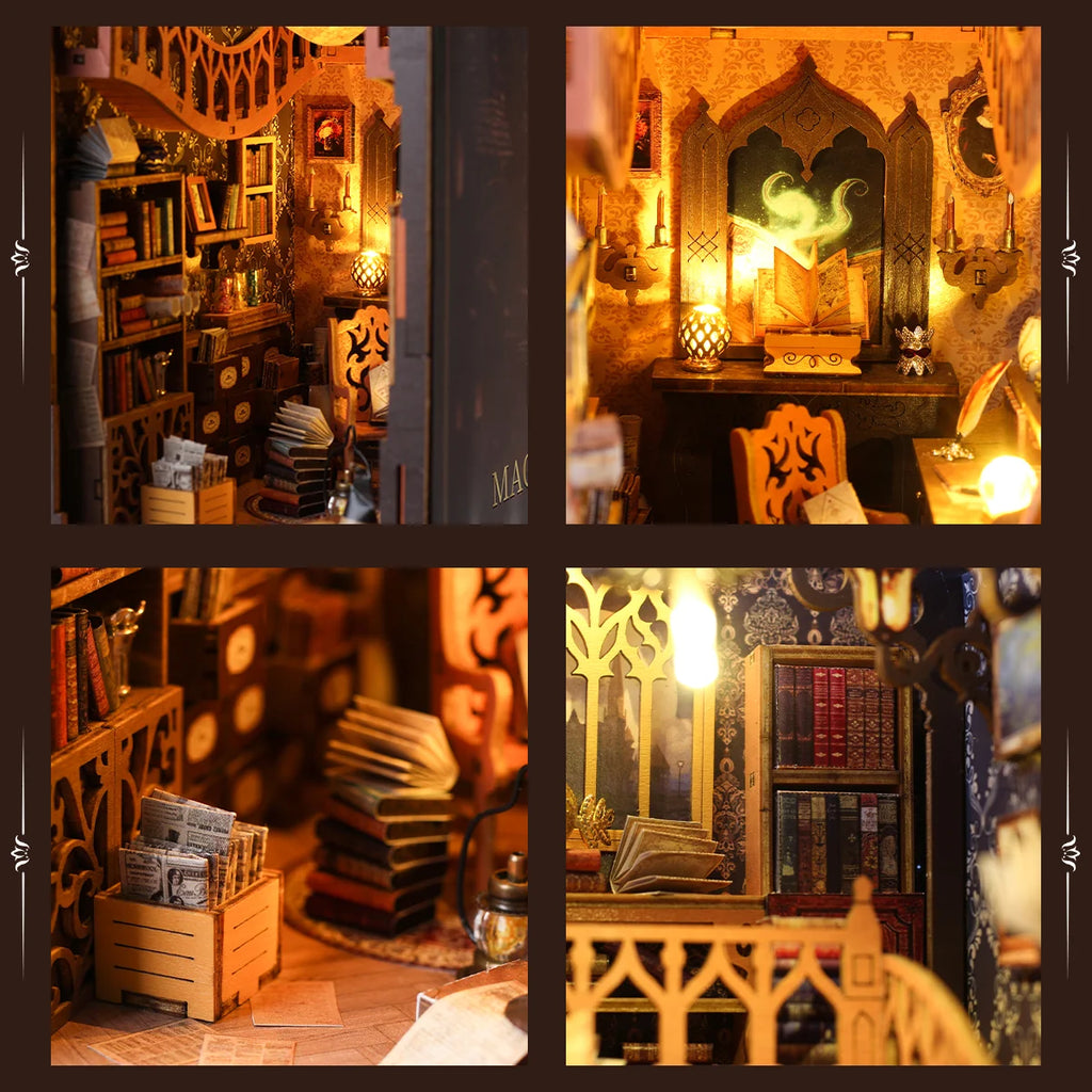 Bloco de Montar Mini Livraria de Madeira Com LED Decoração Colecionável Rico em Detalhes