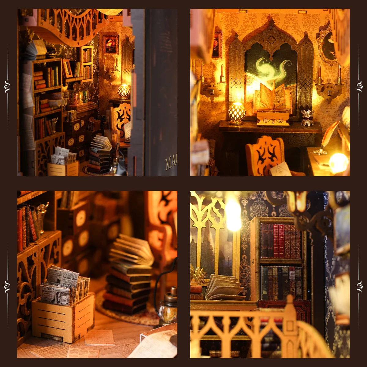 Bloco de Montar Mini Livraria de Madeira Com LED Decoração Colecionável Rico em Detalhes