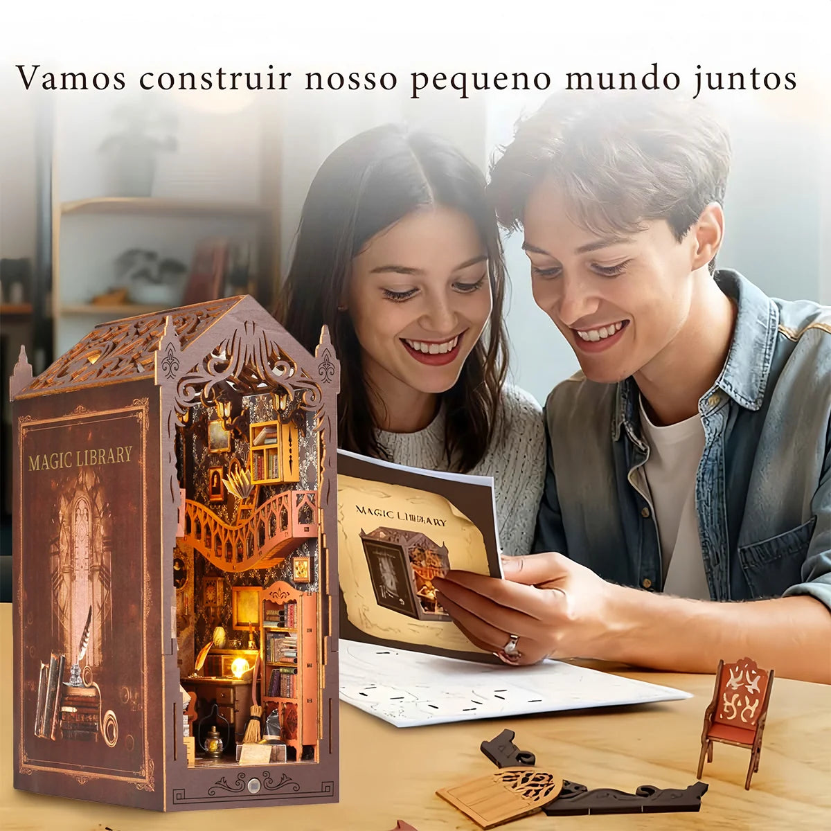 Bloco de Montar Mini Livraria de Madeira Com LED Decoração Colecionável Rico em Detalhes