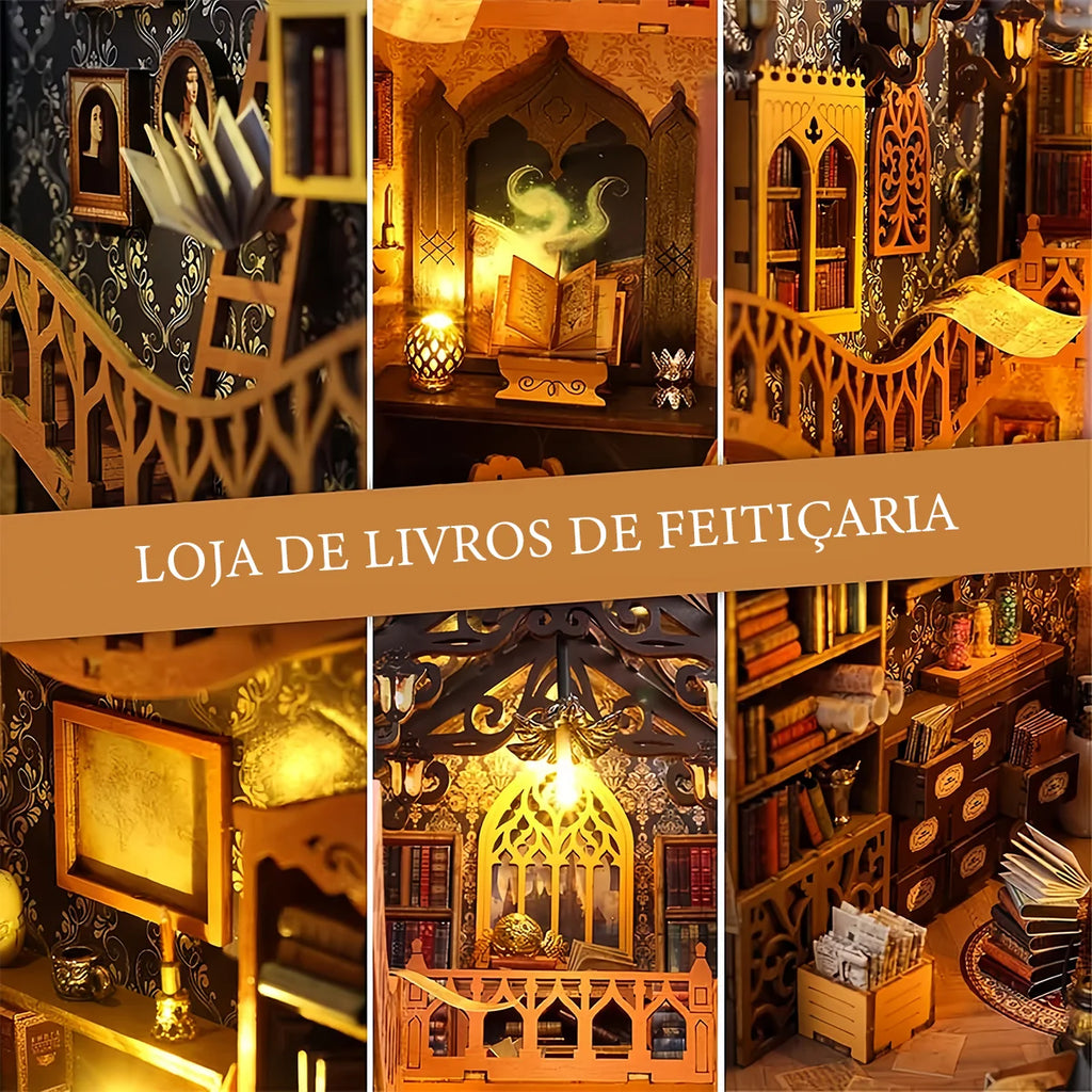 Bloco de Montar Mini Livraria de Madeira Com LED Decoração Colecionável Rico em Detalhes