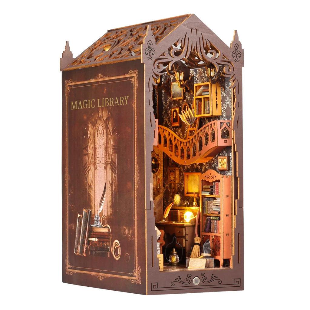 Bloco de Montar Mini Livraria de Madeira Com LED Decoração Colecionável Rico em Detalhes