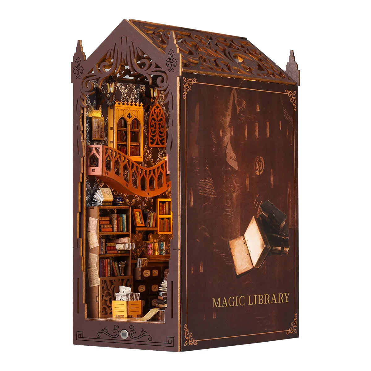Bloco de Montar Mini Livraria de Madeira Com LED Decoração Colecionável Rico em Detalhes