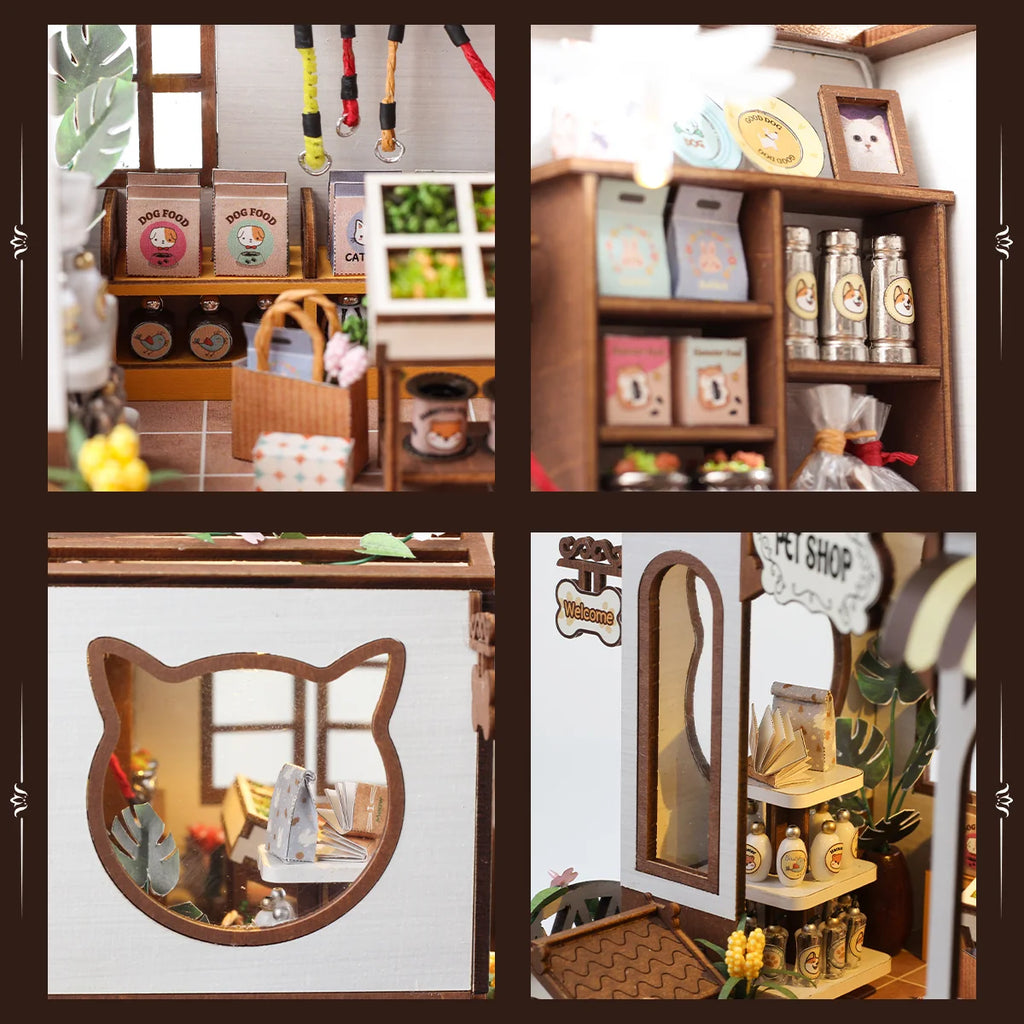 Bloco de Montar de Madeira Pet Shop com LED Rico em Detalhes DIY Decoração Colecionável