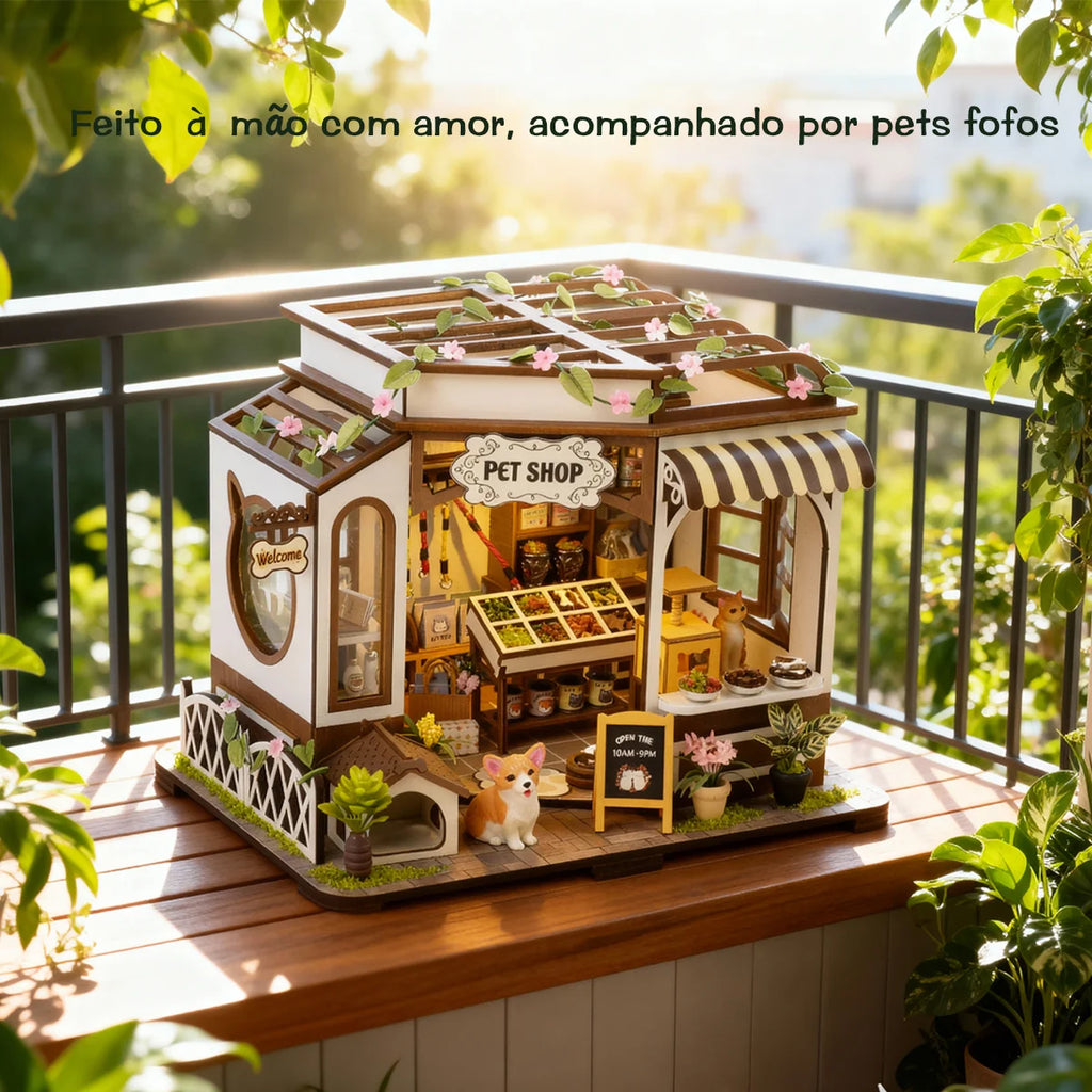 Bloco de Montar de Madeira Pet Shop com LED Rico em Detalhes DIY Decoração Colecionável