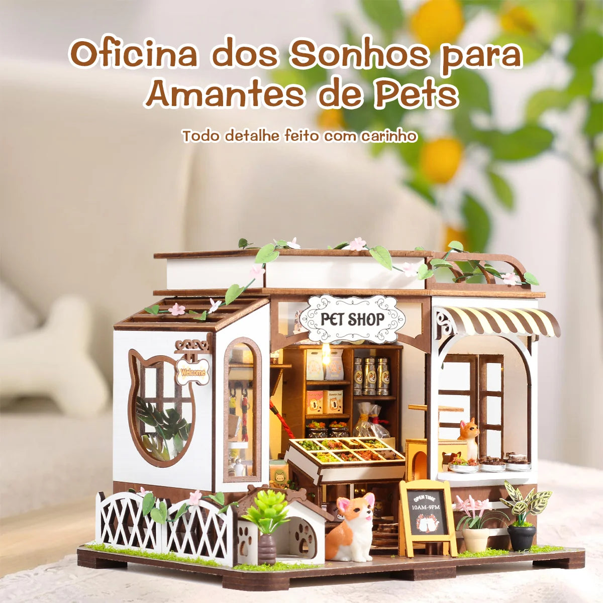 Bloco de Montar de Madeira Pet Shop com LED Rico em Detalhes DIY Decoração Colecionável