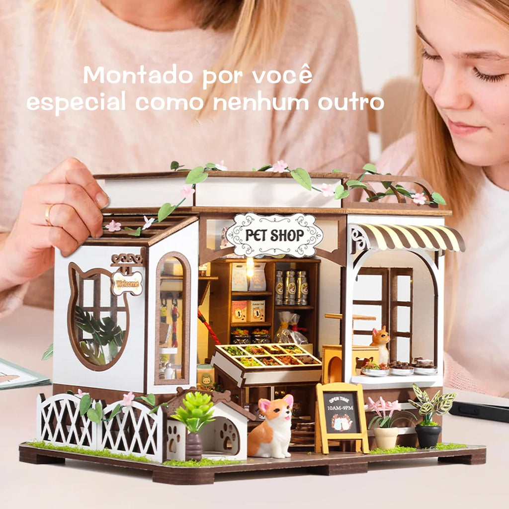 Bloco de Montar de Madeira Pet Shop com LED Rico em Detalhes DIY Decoração Colecionável