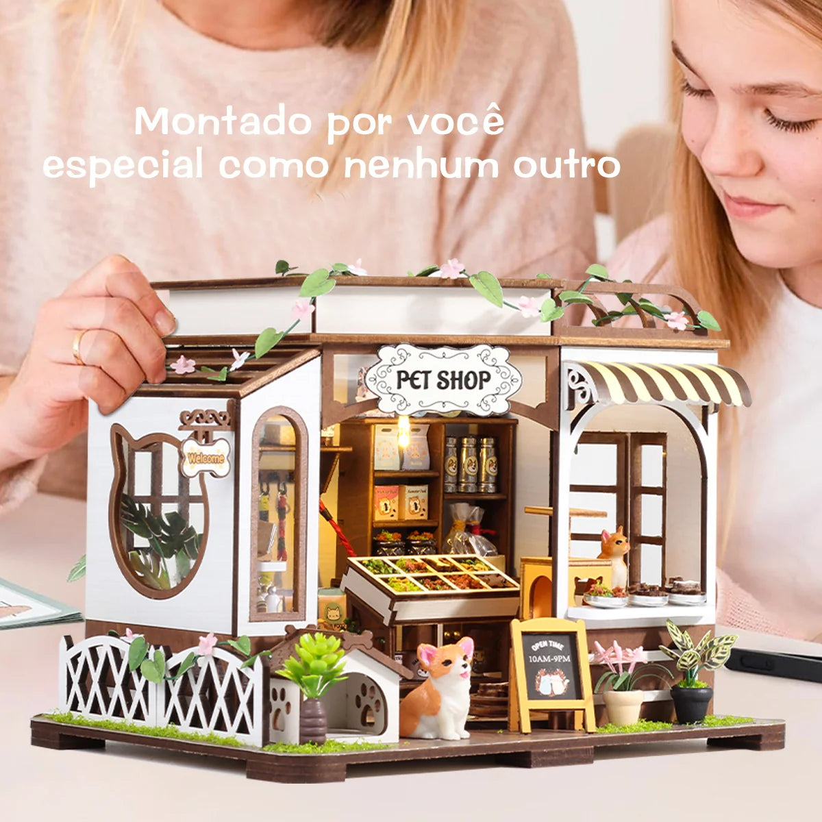 Bloco de Montar de Madeira Pet Shop com LED Rico em Detalhes DIY Decoração Colecionável