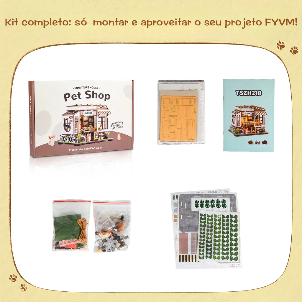Bloco de Montar de Madeira Pet Shop com LED Rico em Detalhes DIY Decoração Colecionável