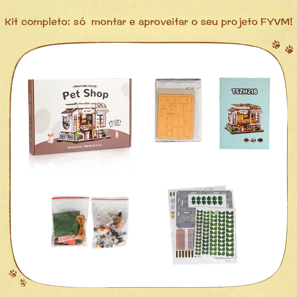 Bloco de Montar de Madeira Pet Shop com LED Rico em Detalhes DIY Decoração Colecionável