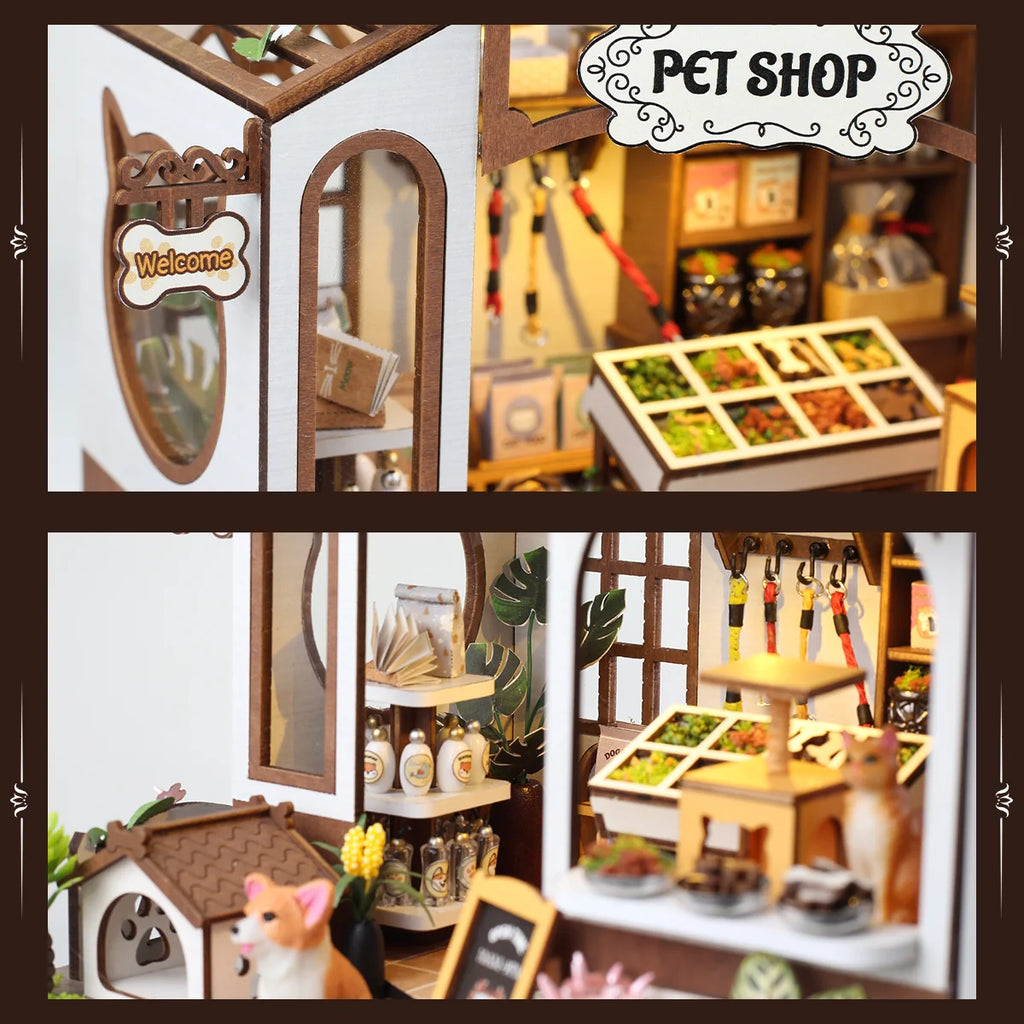 Bloco de Montar de Madeira Pet Shop com LED Rico em Detalhes DIY Decoração Colecionável