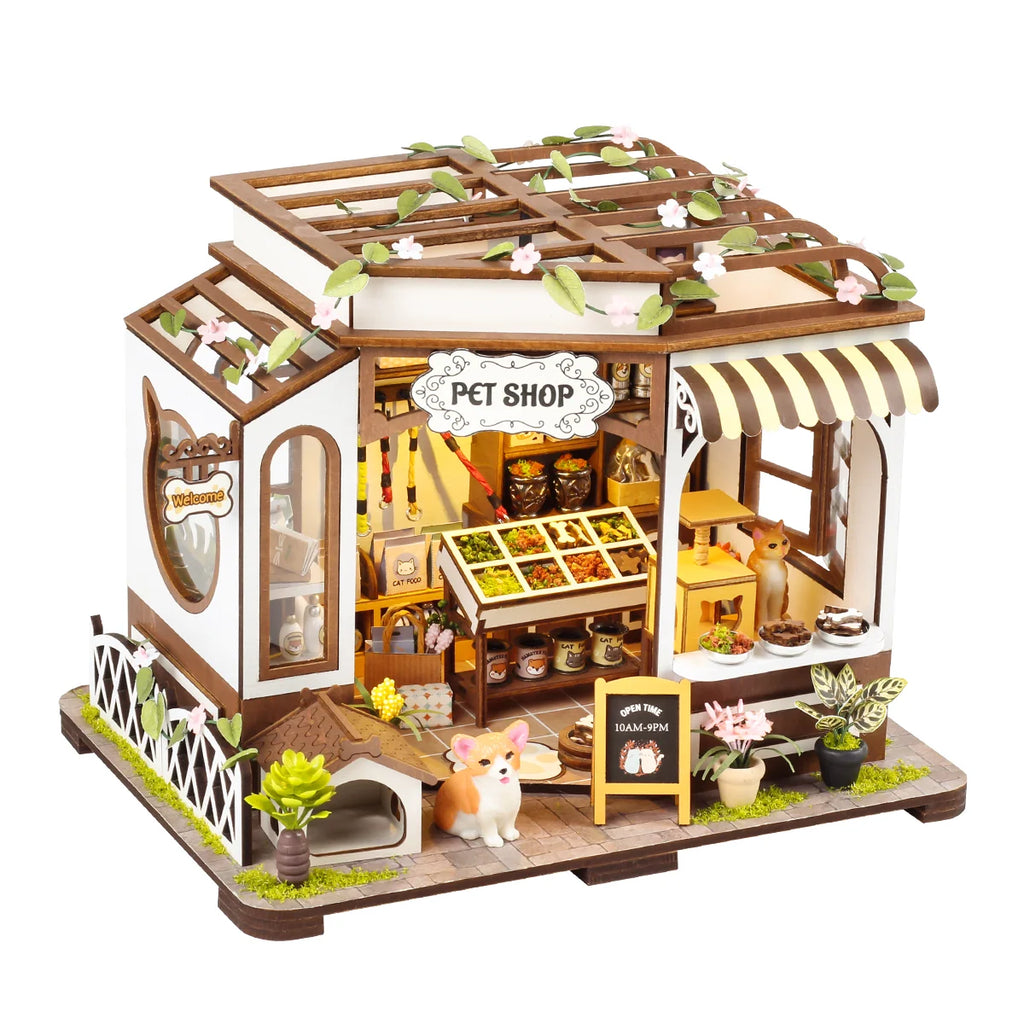 Bloco de Montar de Madeira Pet Shop com LED Rico em Detalhes DIY Decoração Colecionável