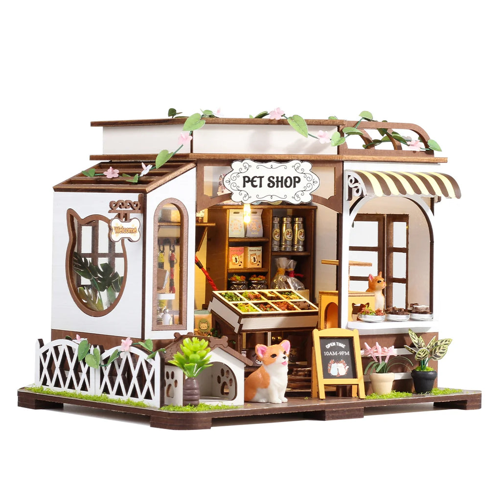 Bloco de Montar de Madeira Pet Shop com LED Rico em Detalhes DIY Decoração Colecionável