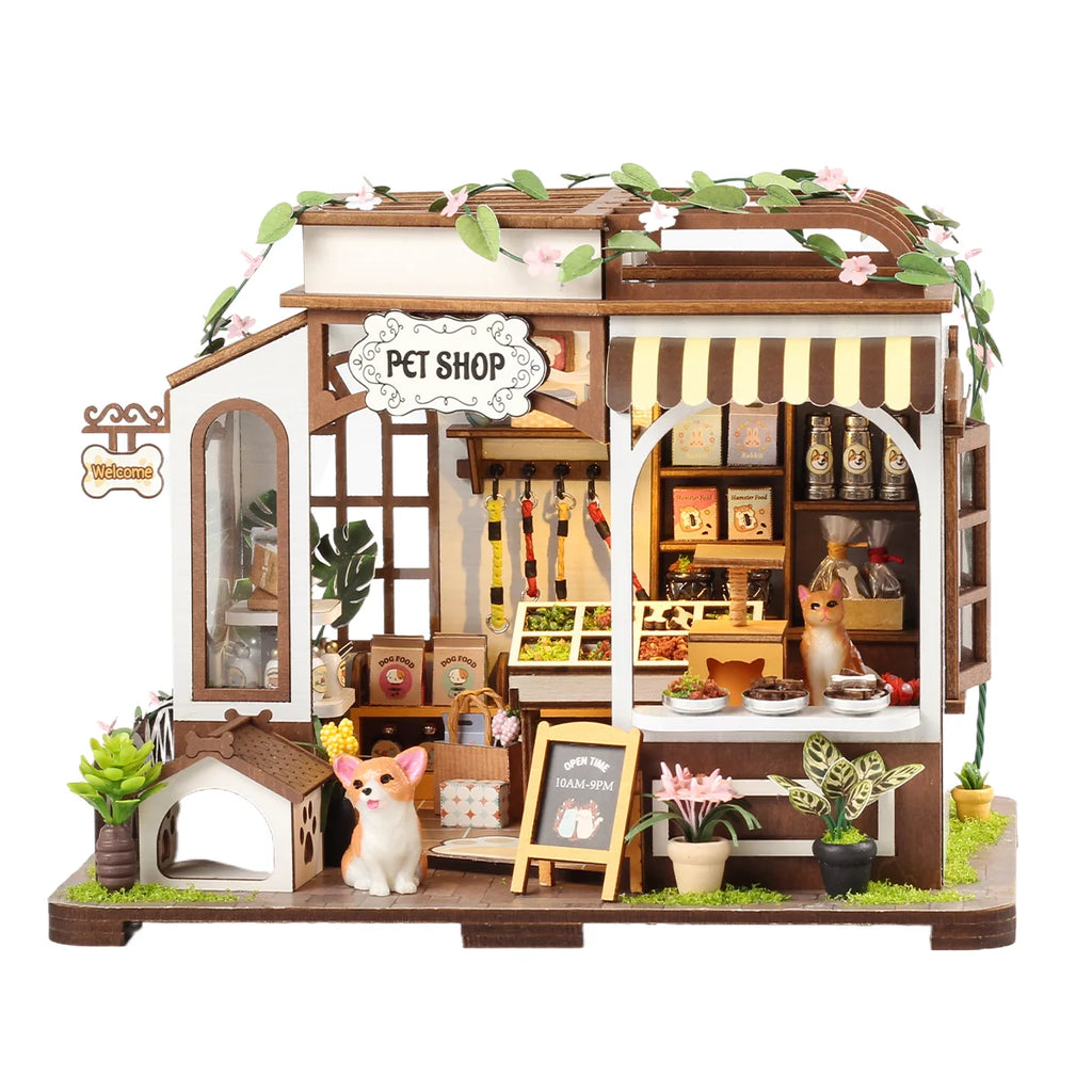 Bloco de Montar de Madeira Pet Shop com LED Rico em Detalhes DIY Decoração Colecionável