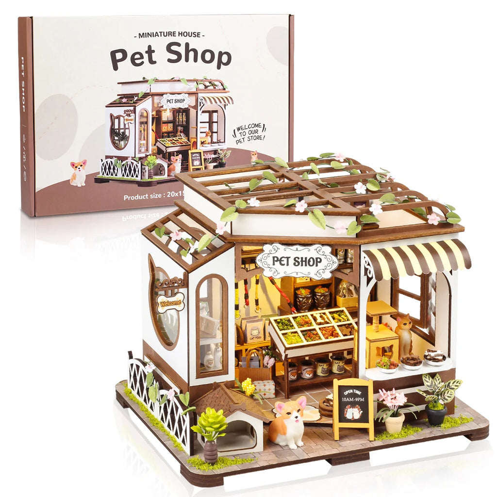 Bloco de Montar de Madeira Pet Shop com LED Rico em Detalhes DIY Decoração Colecionável