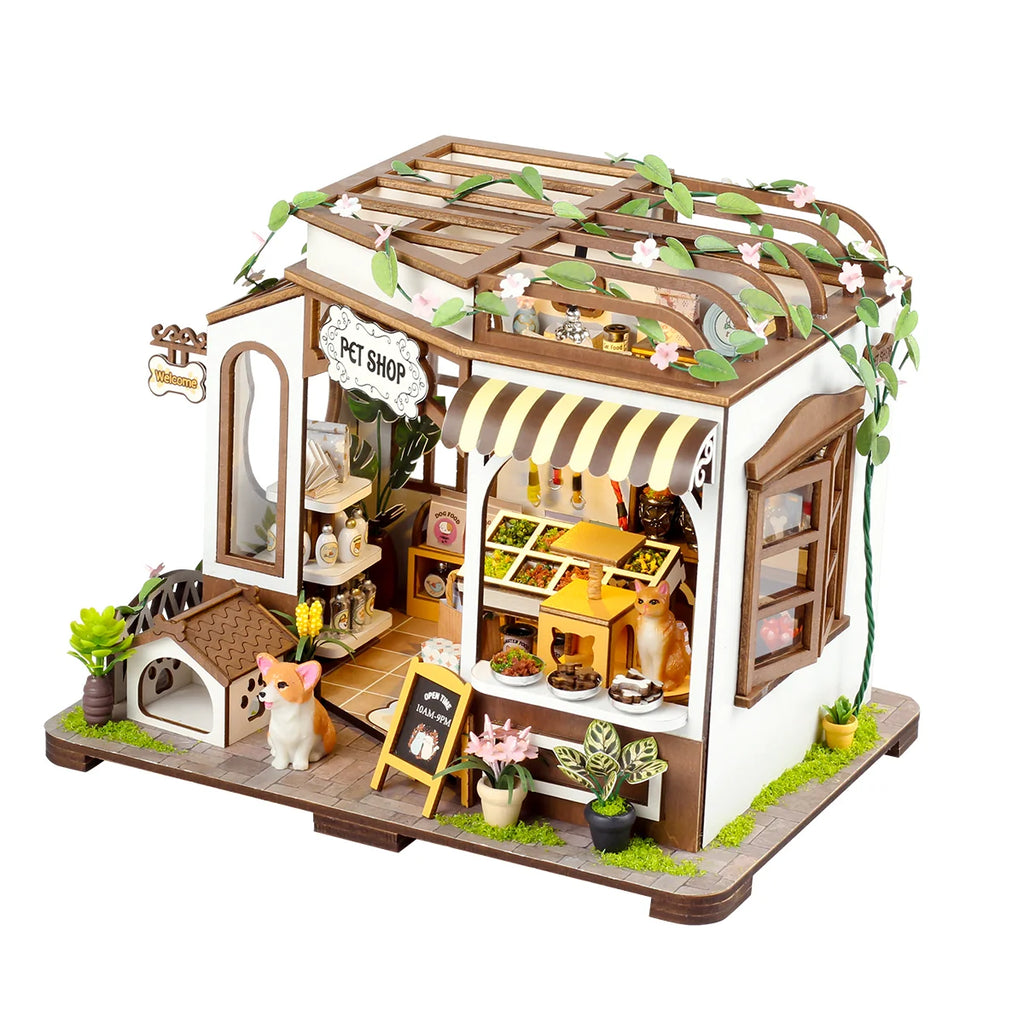 Bloco de Montar de Madeira Pet Shop com LED Rico em Detalhes DIY Decoração Colecionável