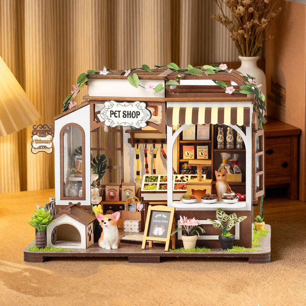 Bloco de Montar de Madeira Pet Shop com LED Rico em Detalhes DIY Decoração Colecionável