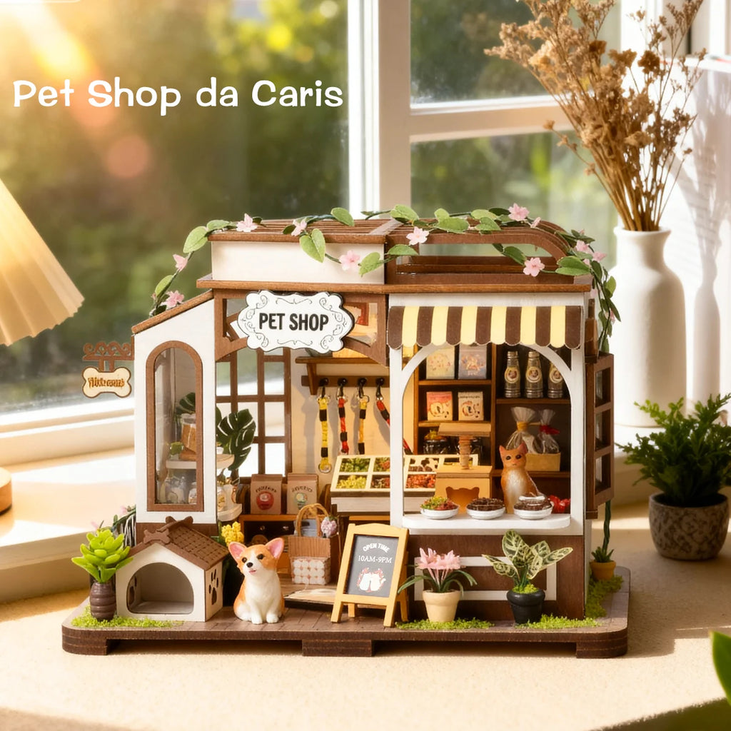 Bloco de Montar de Madeira Pet Shop com LED Rico em Detalhes DIY Decoração Colecionável