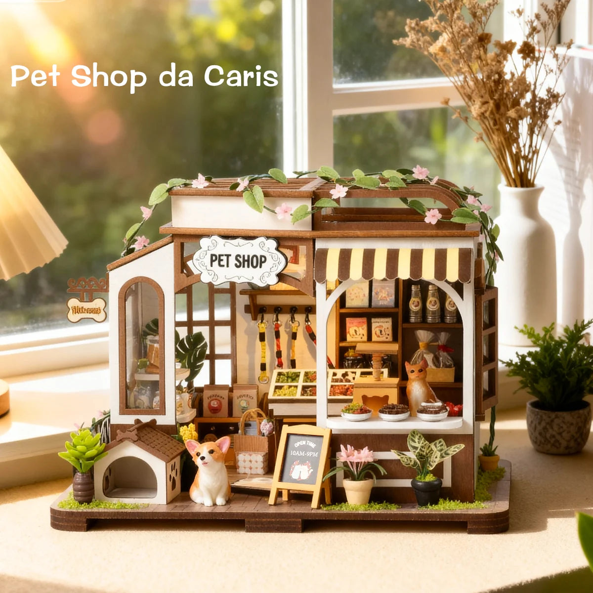 Bloco de Montar de Madeira Pet Shop com LED Rico em Detalhes DIY Decoração Colecionável