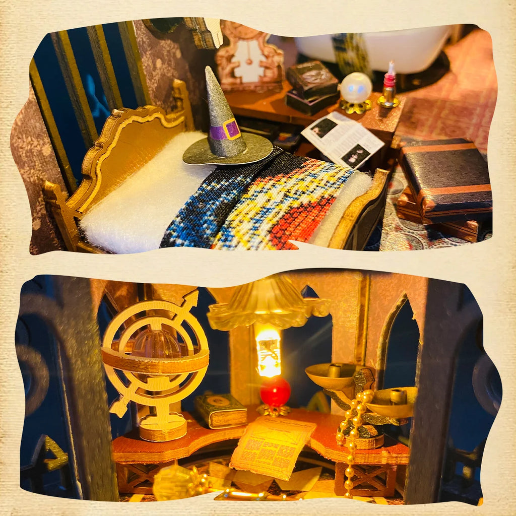 Bloco de Montar Castelo Mágico Vintage de Madeira com LED Decoração Colecionável DIY Rico em Detalhes
