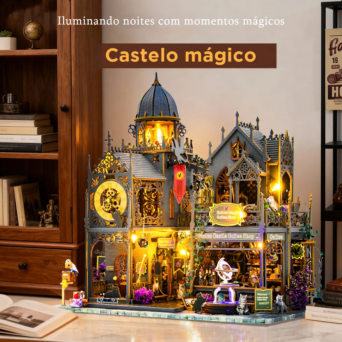 Bloco de Montar Castelo Mágico Vintage de Madeira com LED Decoração Colecionável DIY Rico em Detalhes