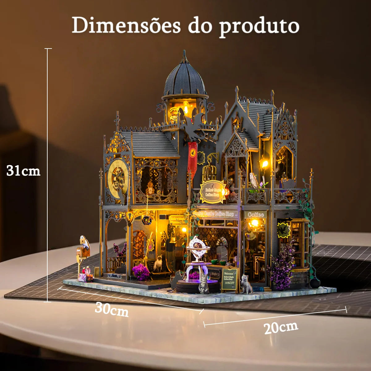 Bloco de Montar Castelo Mágico Vintage de Madeira com LED Decoração Colecionável DIY Rico em Detalhes