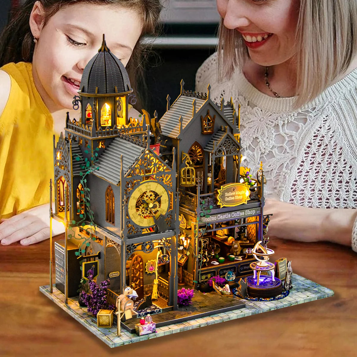 Bloco de Montar Castelo Mágico Vintage de Madeira com LED Decoração Colecionável DIY Rico em Detalhes