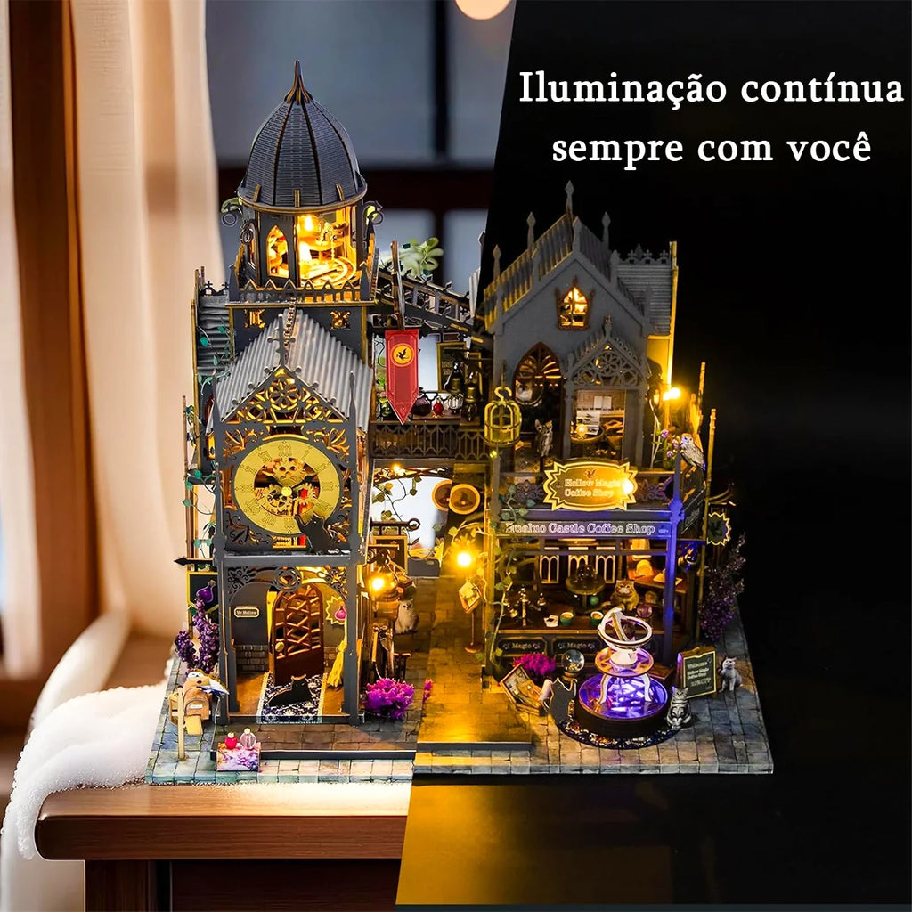 Bloco de Montar Castelo Mágico Vintage de Madeira com LED Decoração Colecionável DIY Rico em Detalhes