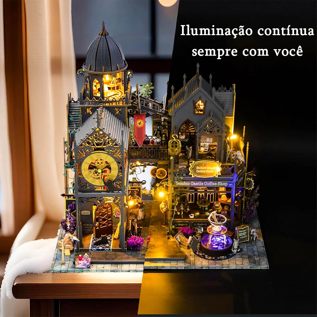 Bloco de Montar Castelo Mágico Vintage de Madeira com LED Decoração Colecionável DIY Rico em Detalhes