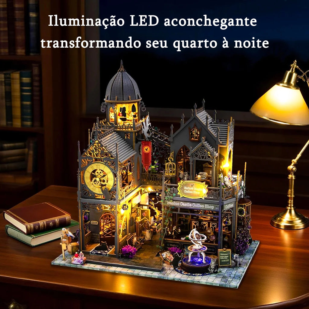 Bloco de Montar Castelo Mágico Vintage de Madeira com LED Decoração Colecionável DIY Rico em Detalhes