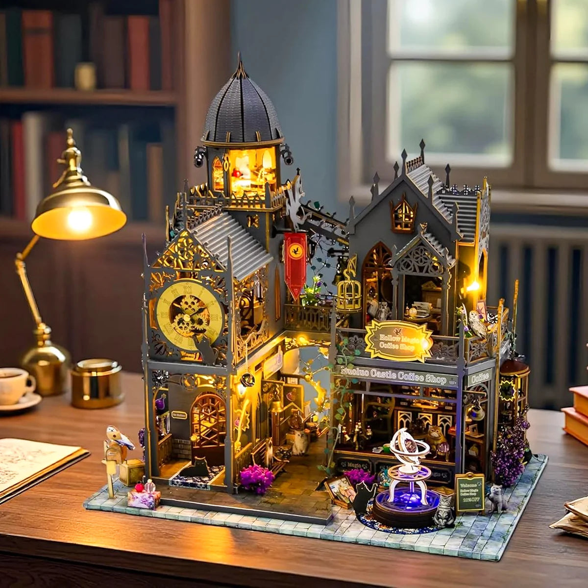 Bloco de Montar Castelo Mágico Vintage de Madeira com LED Decoração Colecionável DIY Rico em Detalhes