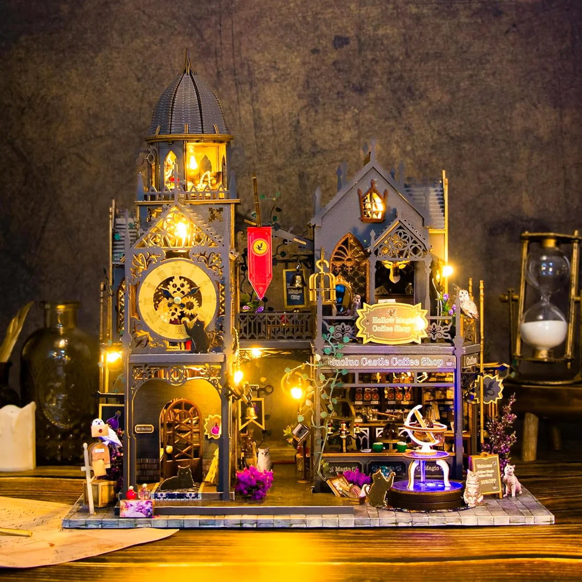 Bloco de Montar Castelo Mágico Vintage de Madeira com LED Decoração Colecionável DIY Rico em Detalhes