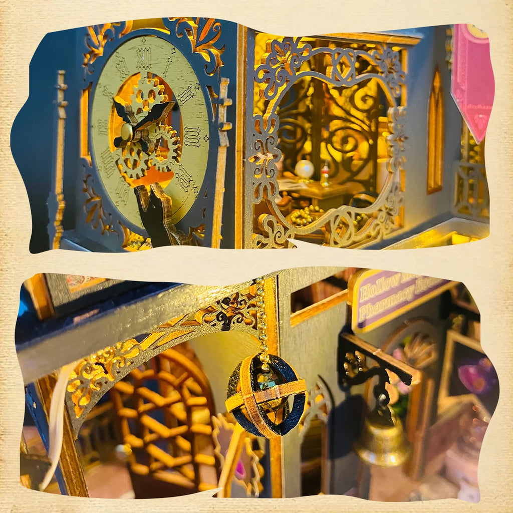 Bloco de Montar Castelo Mágico Vintage de Madeira com LED Decoração Colecionável DIY Rico em Detalhes