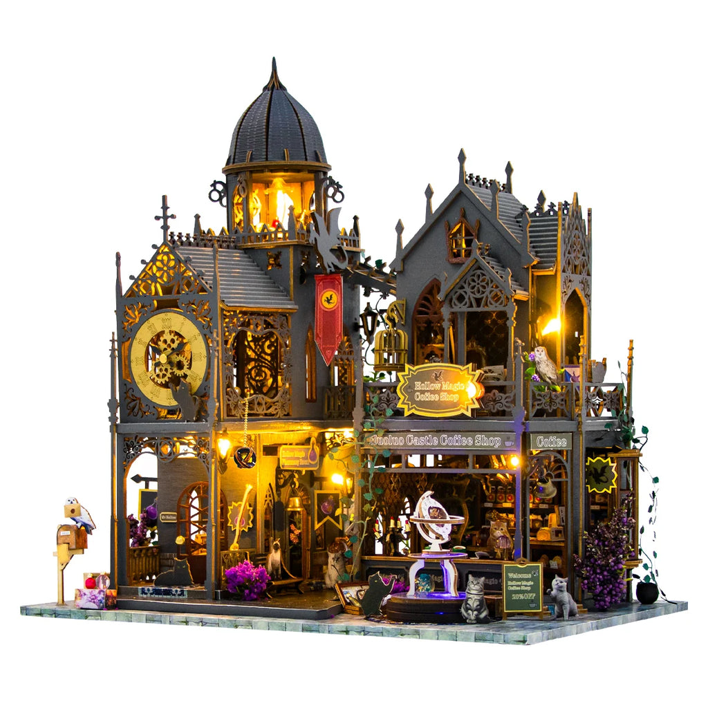 Bloco de Montar Castelo Mágico Vintage de Madeira com LED Decoração Colecionável DIY Rico em Detalhes