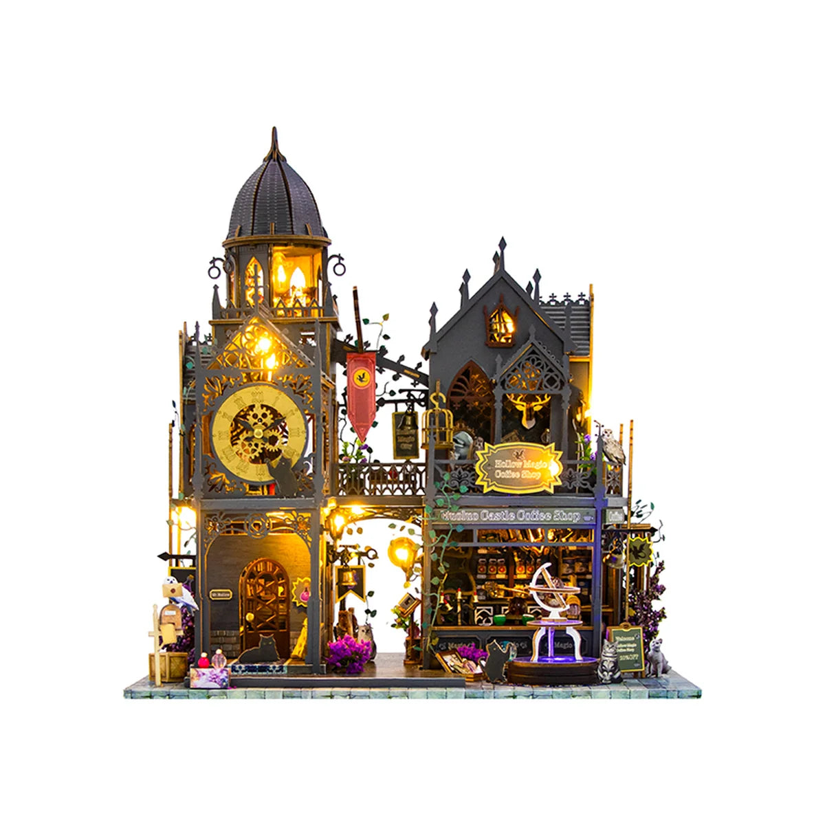 Bloco de Montar Castelo Mágico Vintage de Madeira com LED Decoração Colecionável DIY Rico em Detalhes