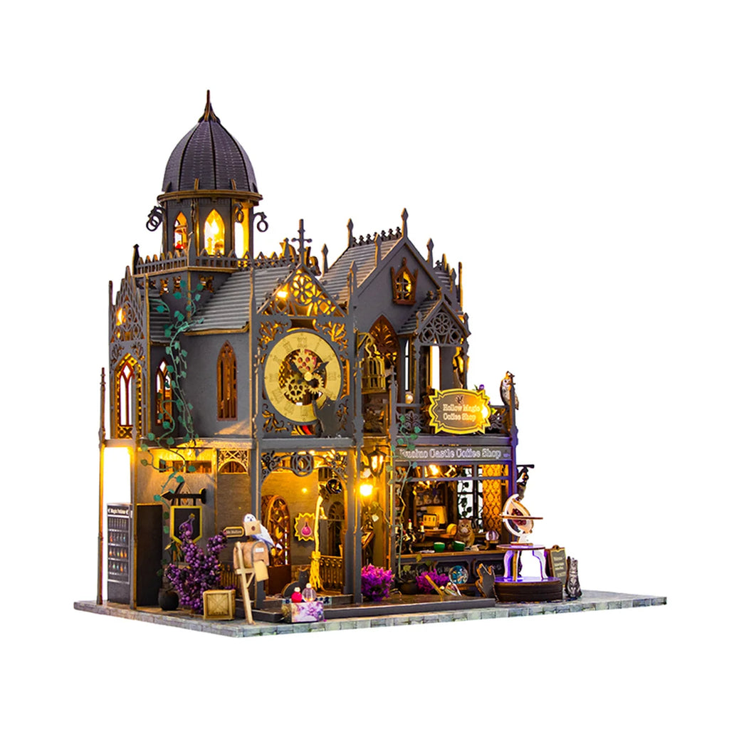 Bloco de Montar Castelo Mágico Vintage de Madeira com LED Decoração Colecionável DIY Rico em Detalhes