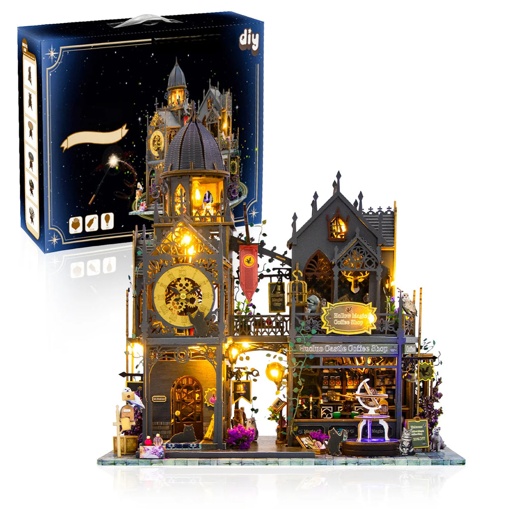 Bloco de Montar Castelo Mágico Vintage de Madeira com LED Decoração Colecionável DIY Rico em Detalhes