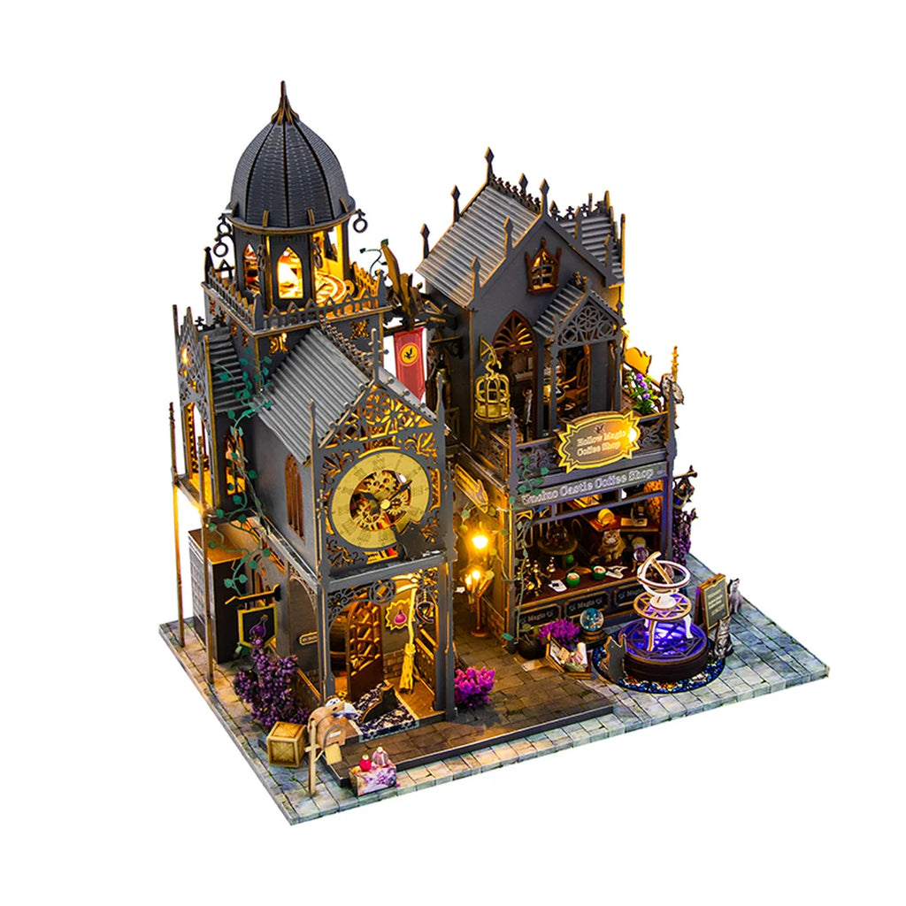Bloco de Montar Castelo Mágico Vintage de Madeira com LED Decoração Colecionável DIY Rico em Detalhes