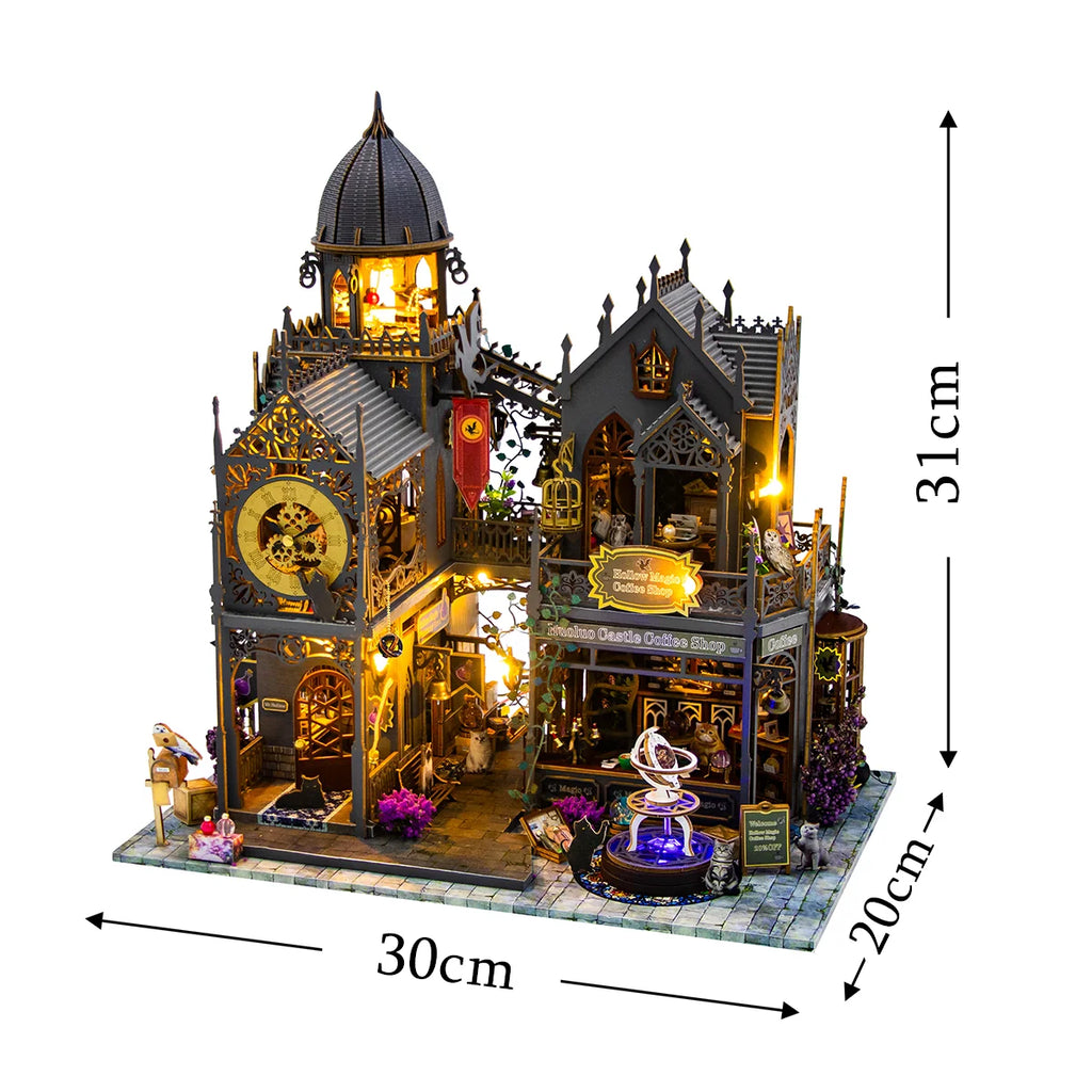 Bloco de Montar Castelo Mágico Vintage de Madeira com LED Decoração Colecionável DIY Rico em Detalhes