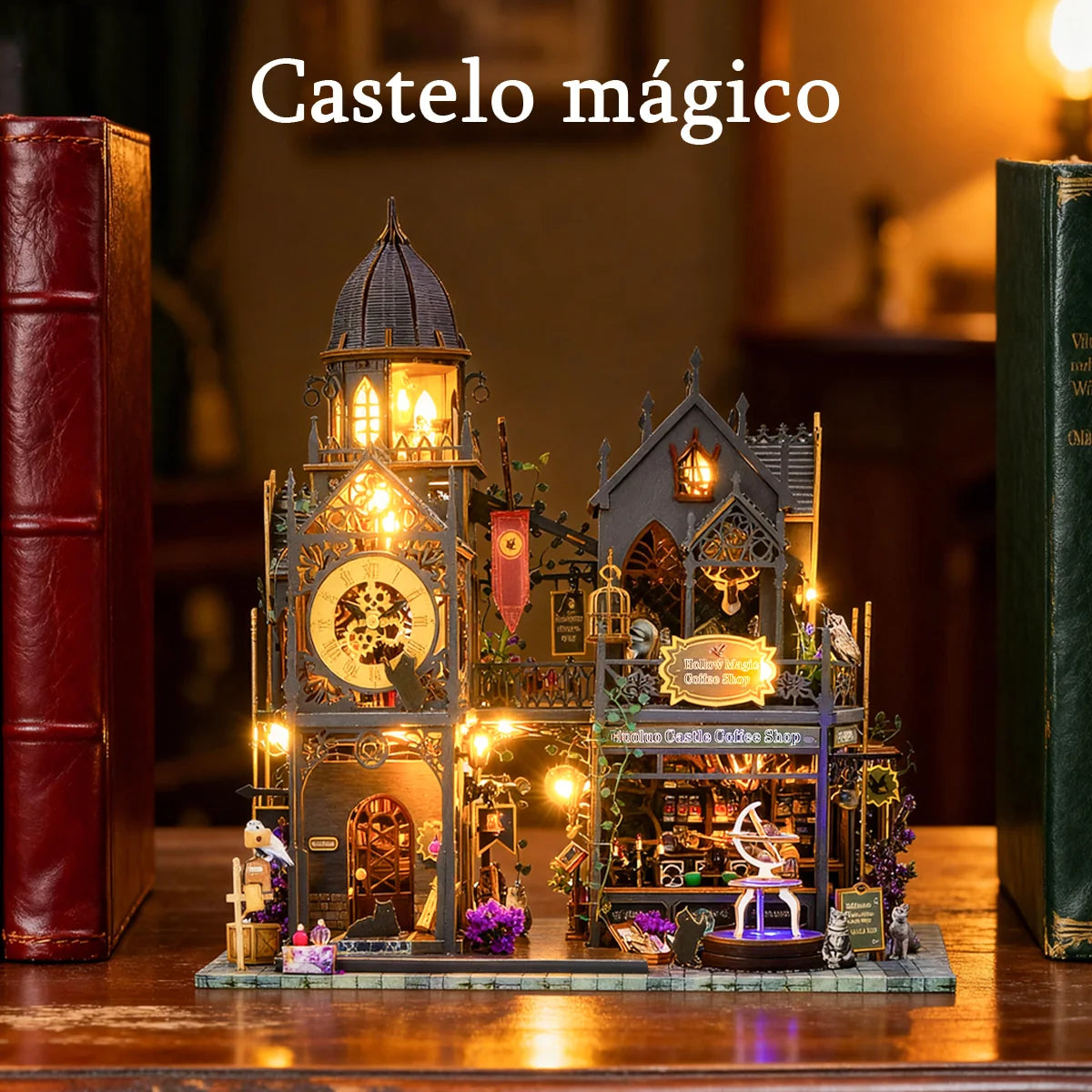 Bloco de Montar Castelo Mágico Vintage de Madeira com LED Decoração Colecionável DIY Rico em Detalhes