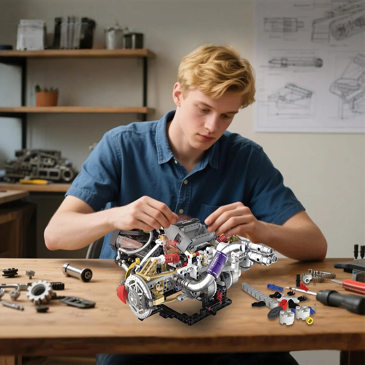Bloco De Montar Modelo De Motor V12 1394 Peças de Construção Encaixe Brastoy Brinquedo Educativo